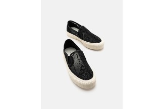A22317-8 Black Rora Floral Embroidered Lace Slip-on Sneakers